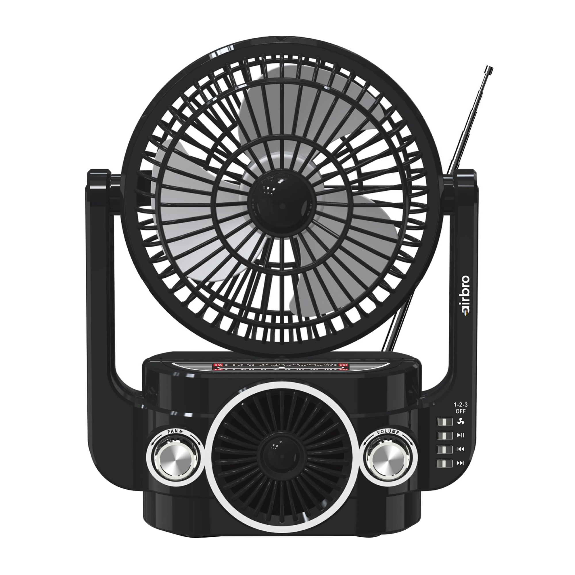 Airbro RXF-20 Rechargeable Portable Fan — 3-Speed, Bluetooth Speaker, 3-Band Radio, Black, Model# RXF-20